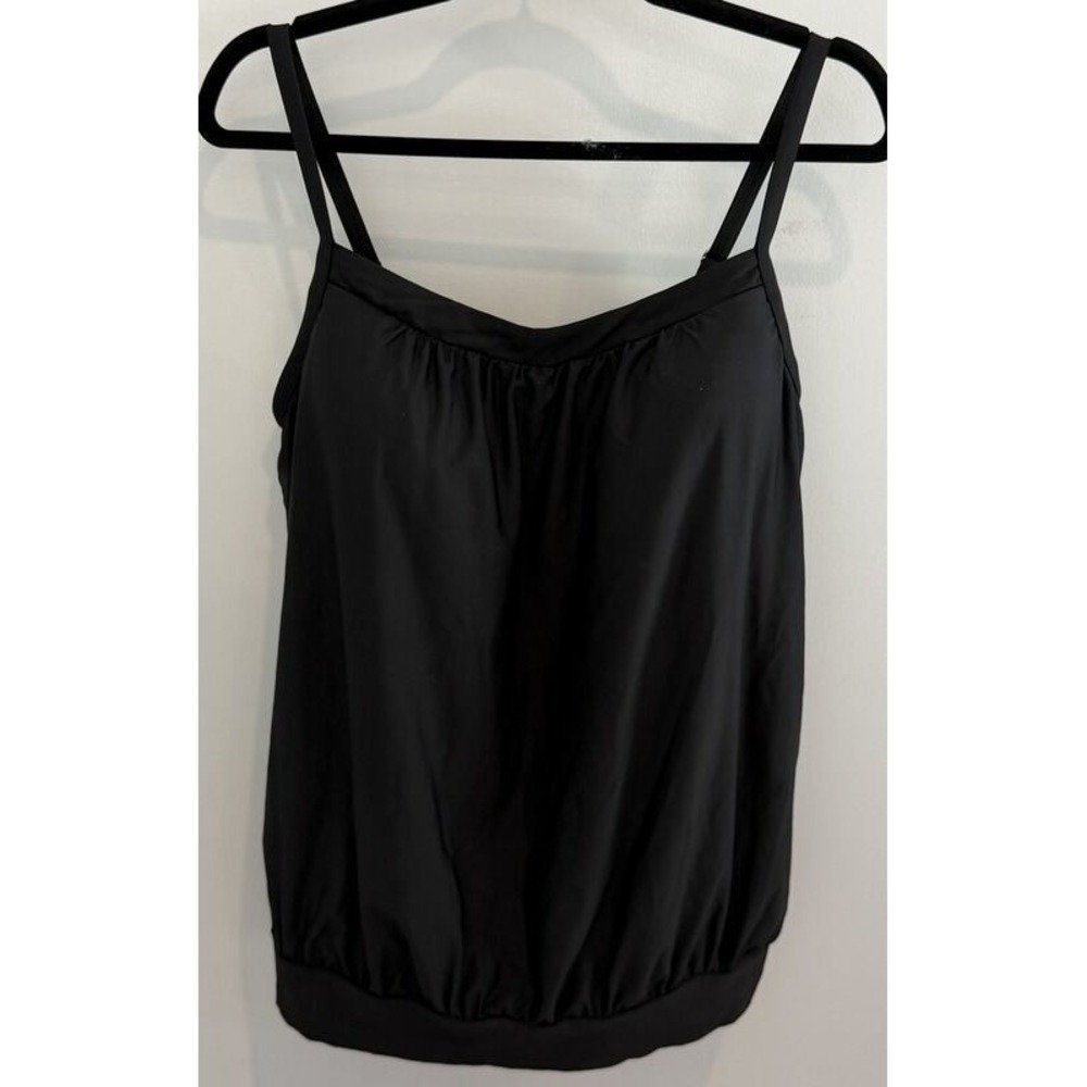 Lands End Womens Solid Black Swimsuit Tankini Blouson Adjustable Shelf Bra 14